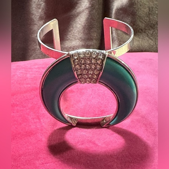 CUFF BRACELET Horn Shape Silver-Tone Pave Crystal Glass Faux Turquoise 5494 P - Picture 6 of 11